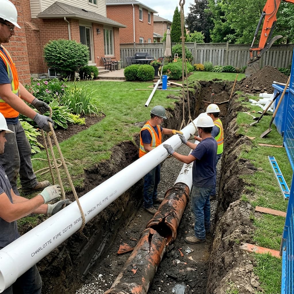 New PVC sewer pipe being installed in a trench replacing old clay pipe