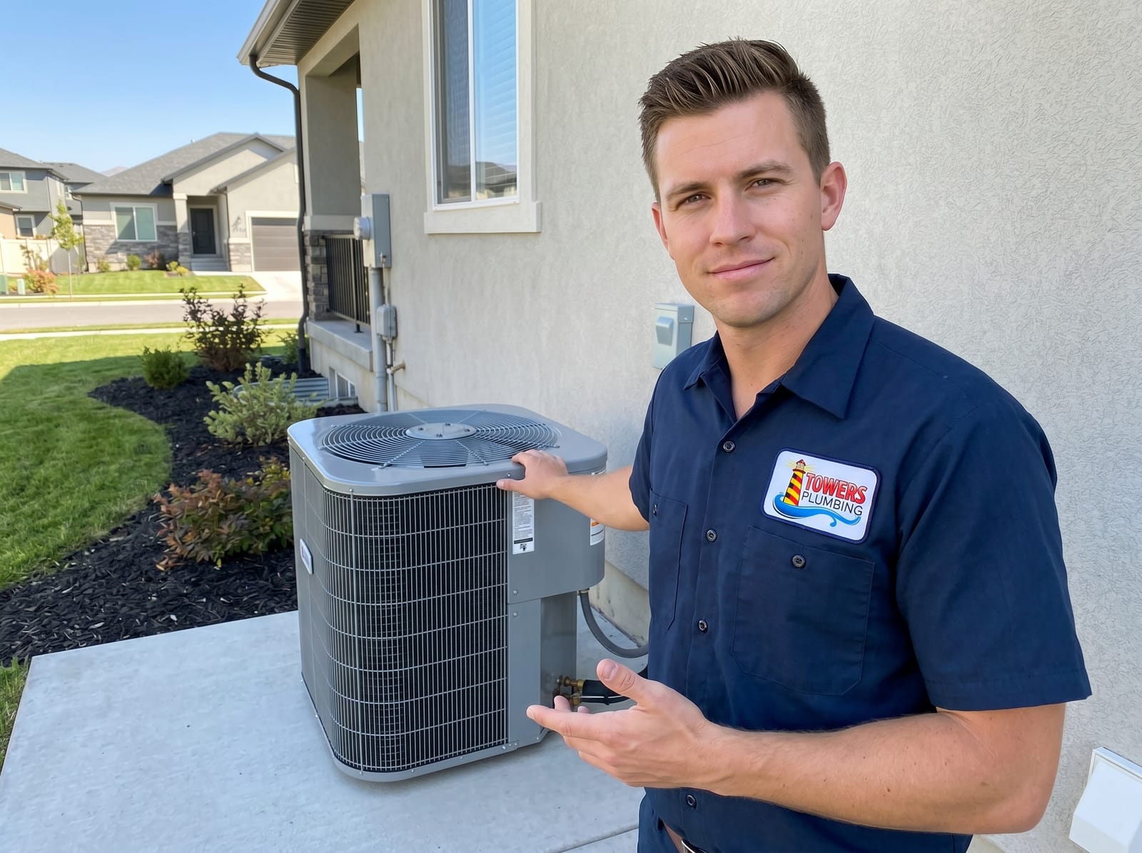 Towers Plumbing technician beside an outdoor heating and cooling unit