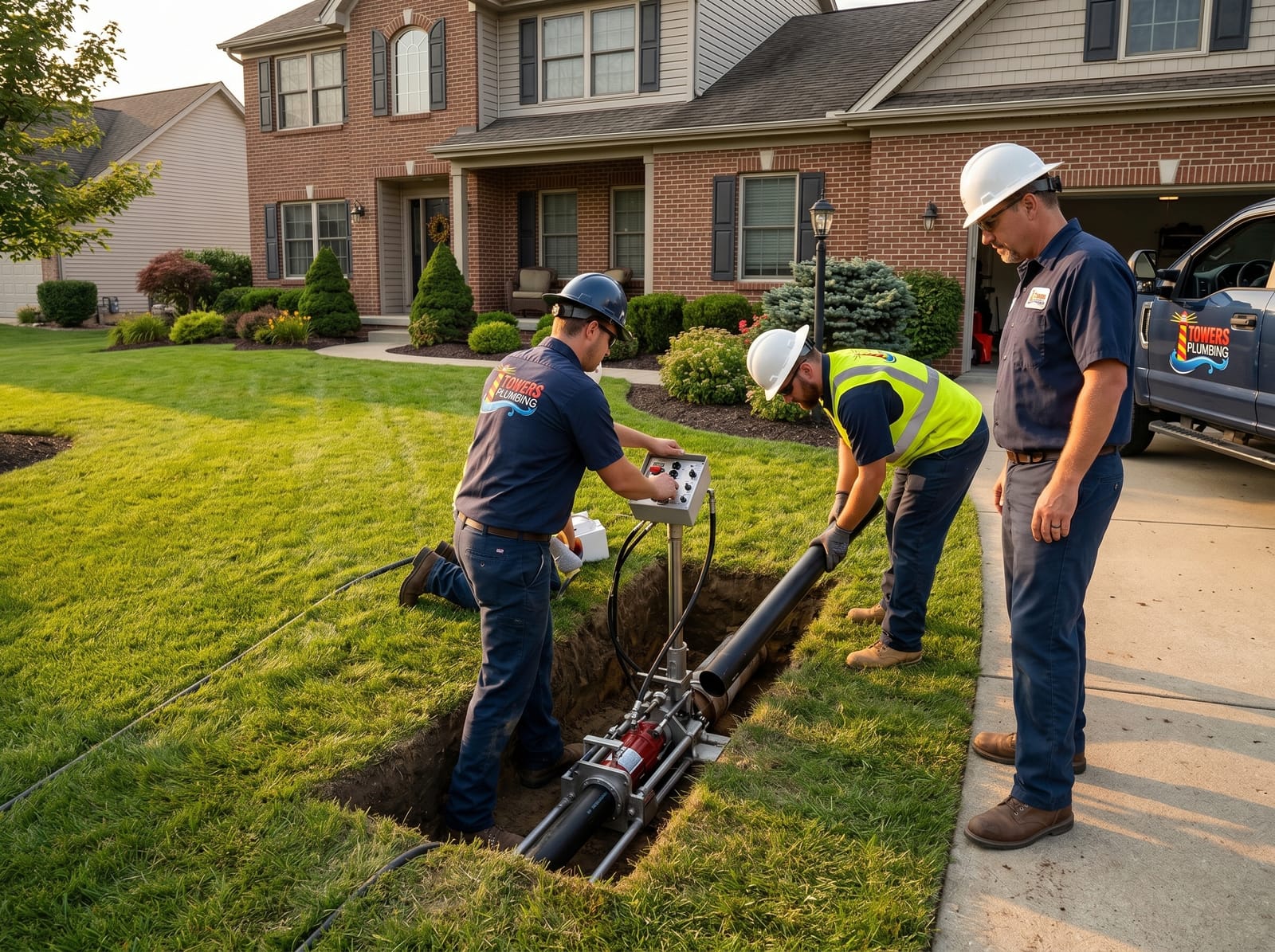 Towers Plumbing crew working on a pipe in a front-yard trench