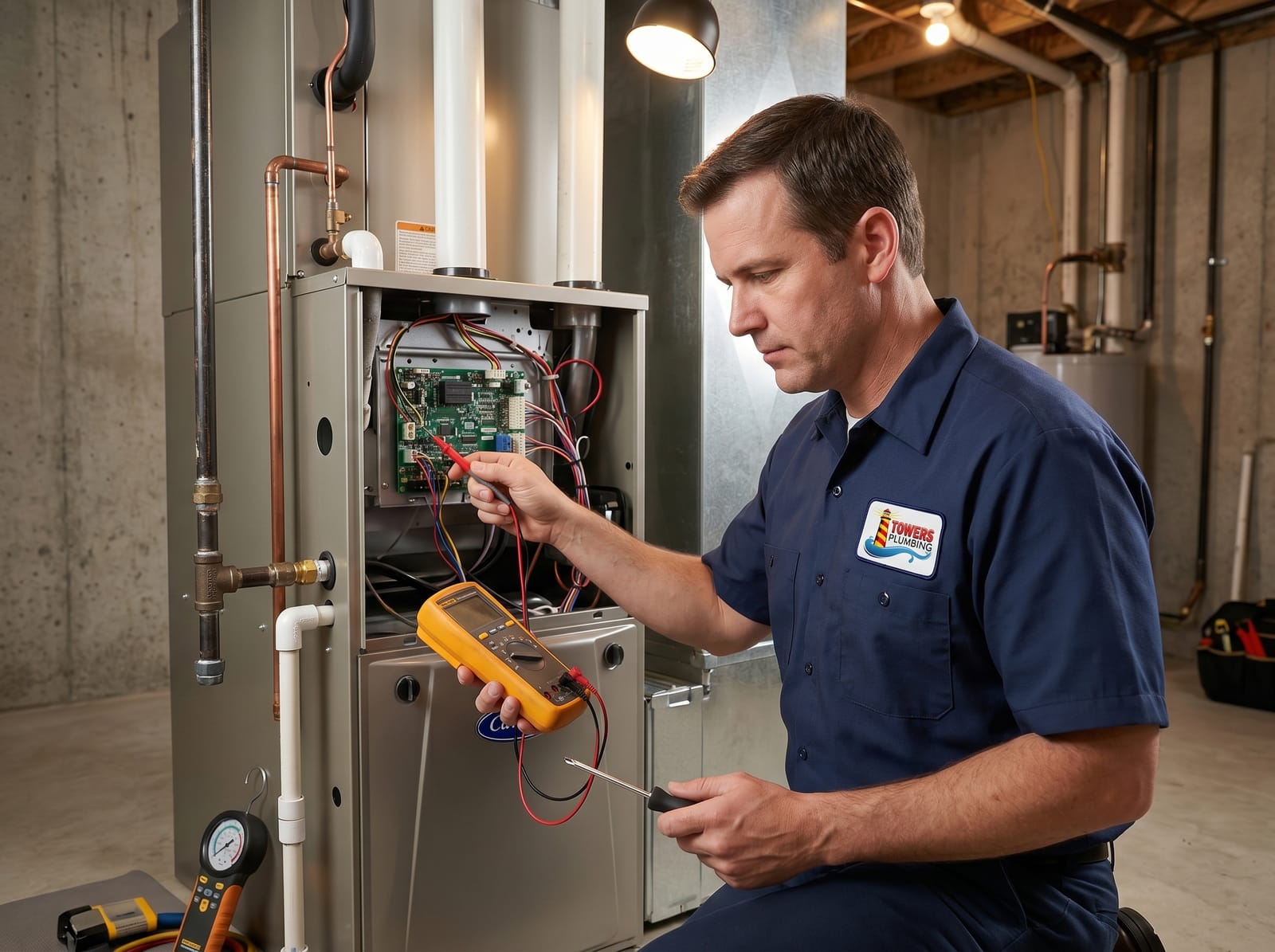 Towers Plumbing technician testing a furnace control board with a multimeter