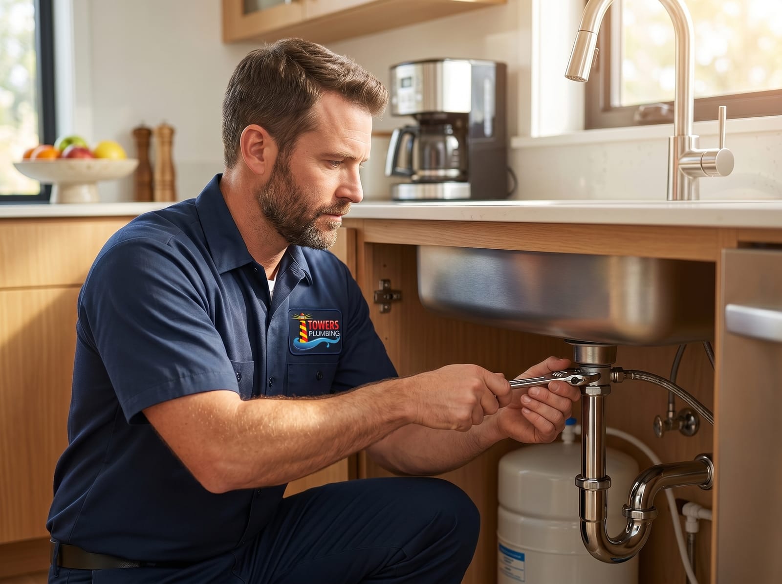 Towers Plumbing technician working on the drain trap under a kitchen sink