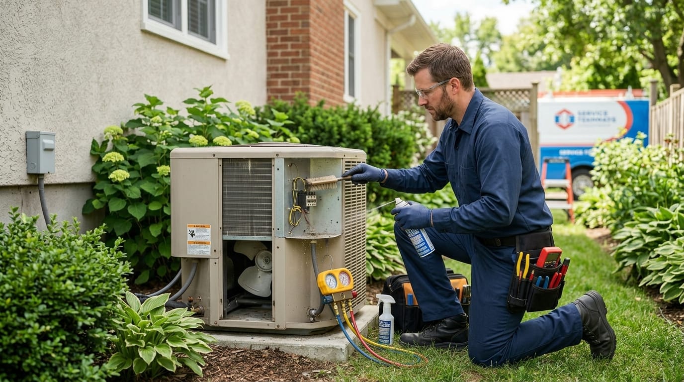 Technician servicing an outdoor heating and cooling unit beside a house
