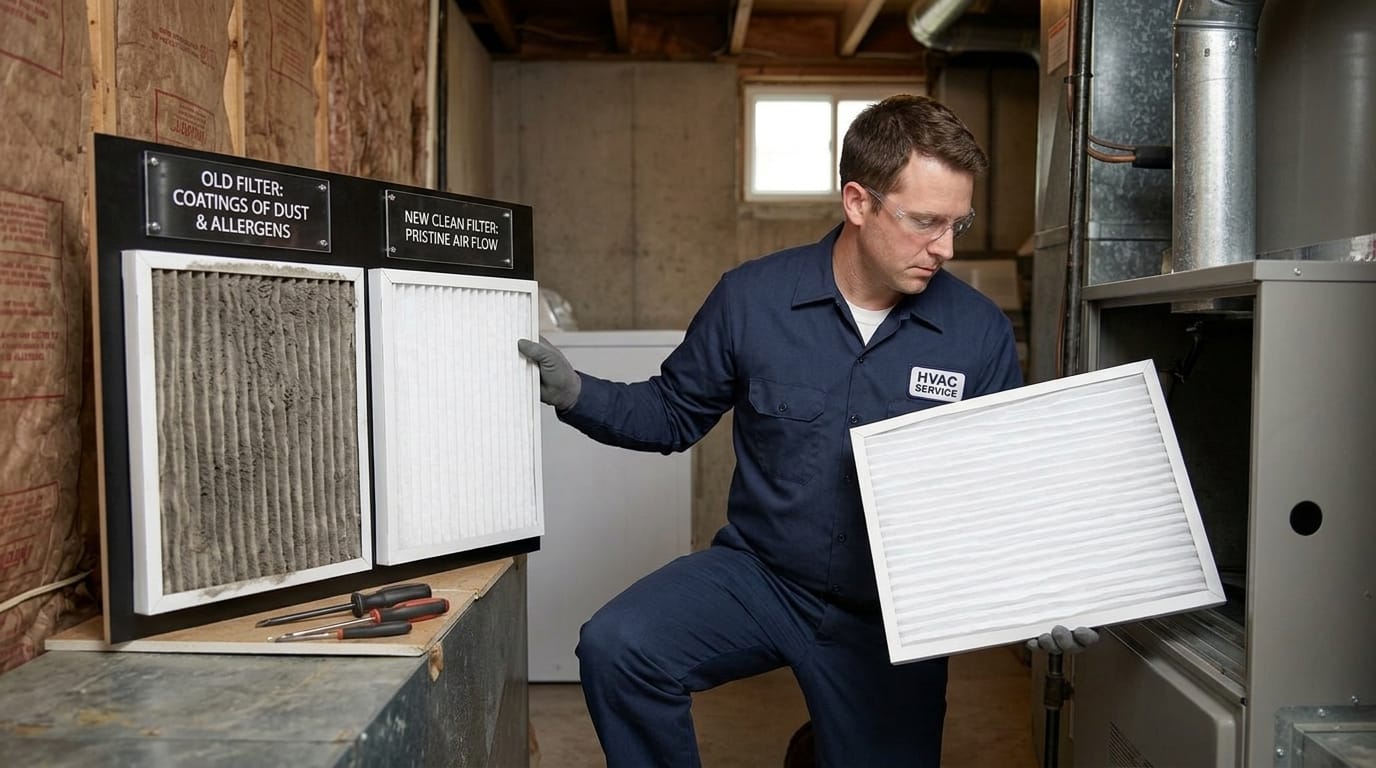 Technician holding a clean furnace filter next to a dirty one
