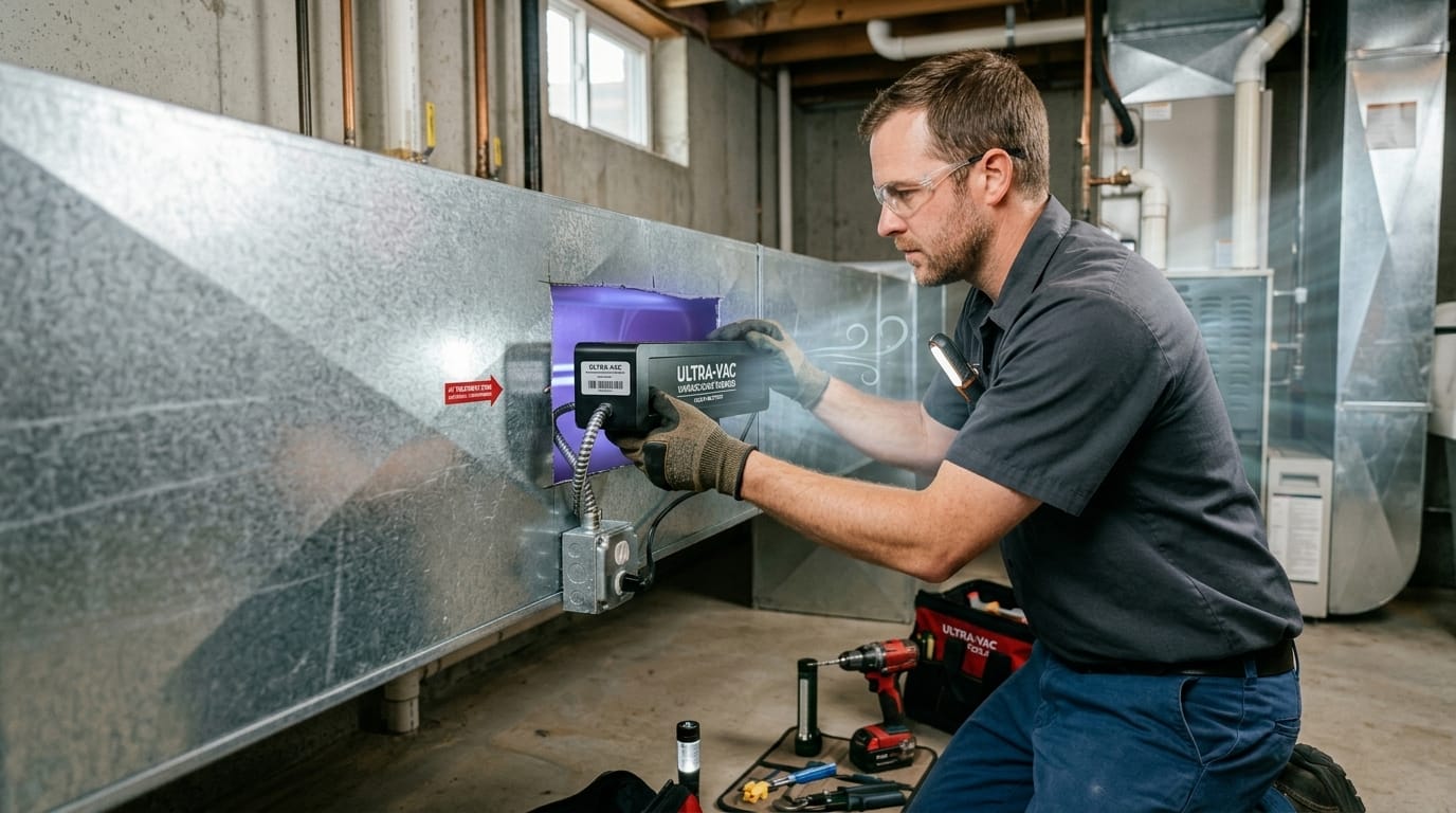 Technician installing an air purification unit on a furnace duct