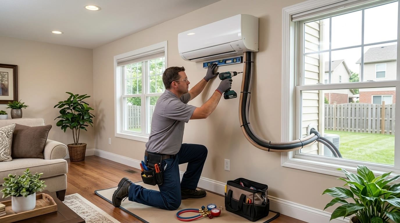 Technician installing a wall-mounted ductless mini-split unit