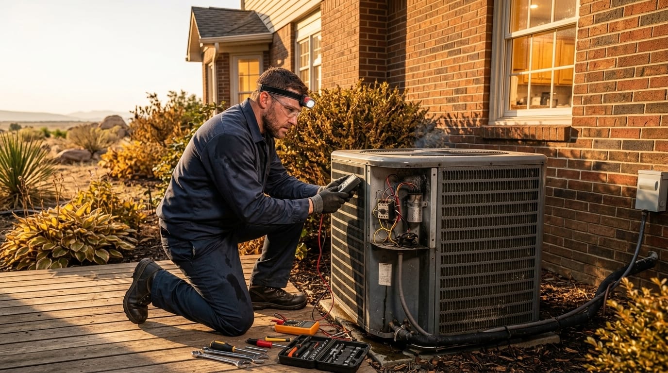 Technician inspecting an outdoor air conditioning unit at dusk