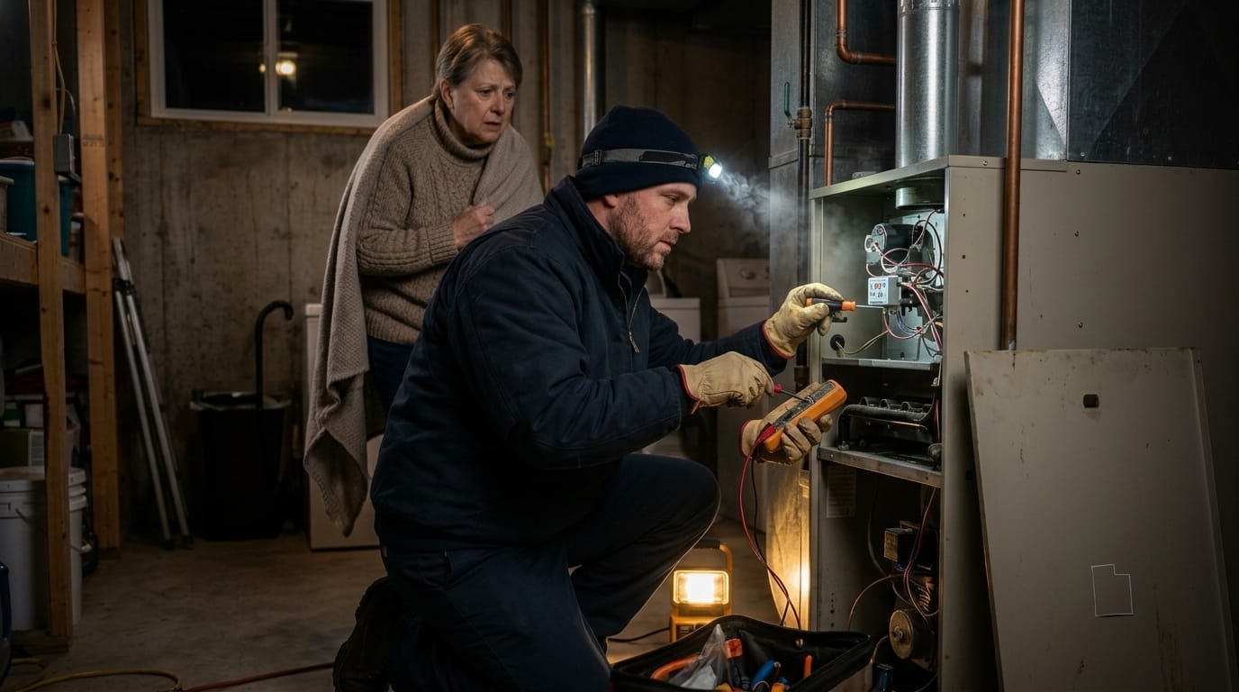 Technician checking a furnace with a meter and flashlight as a homeowner watches