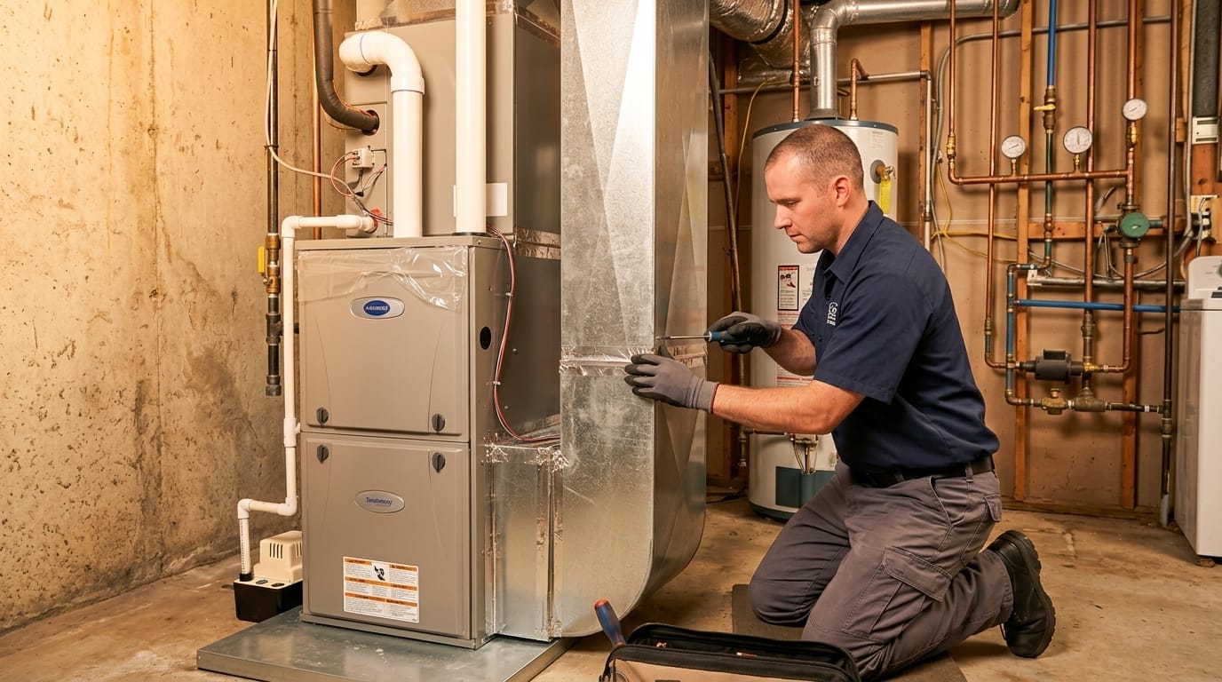 Technician working on a furnace and its piping in a basement mechanical room