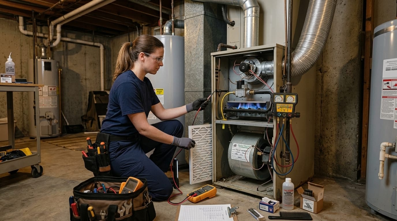 Technician servicing a gas furnace in a basement utility room