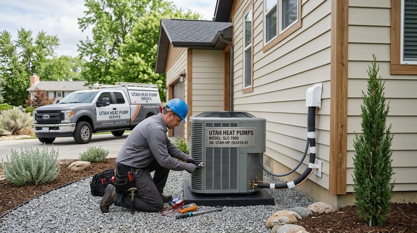 Person kneeling beside an outdoor heat pump unit