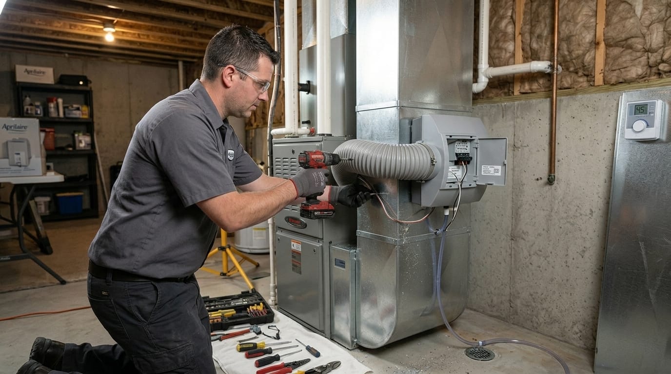 Technician installing a whole-home humidifier on a furnace